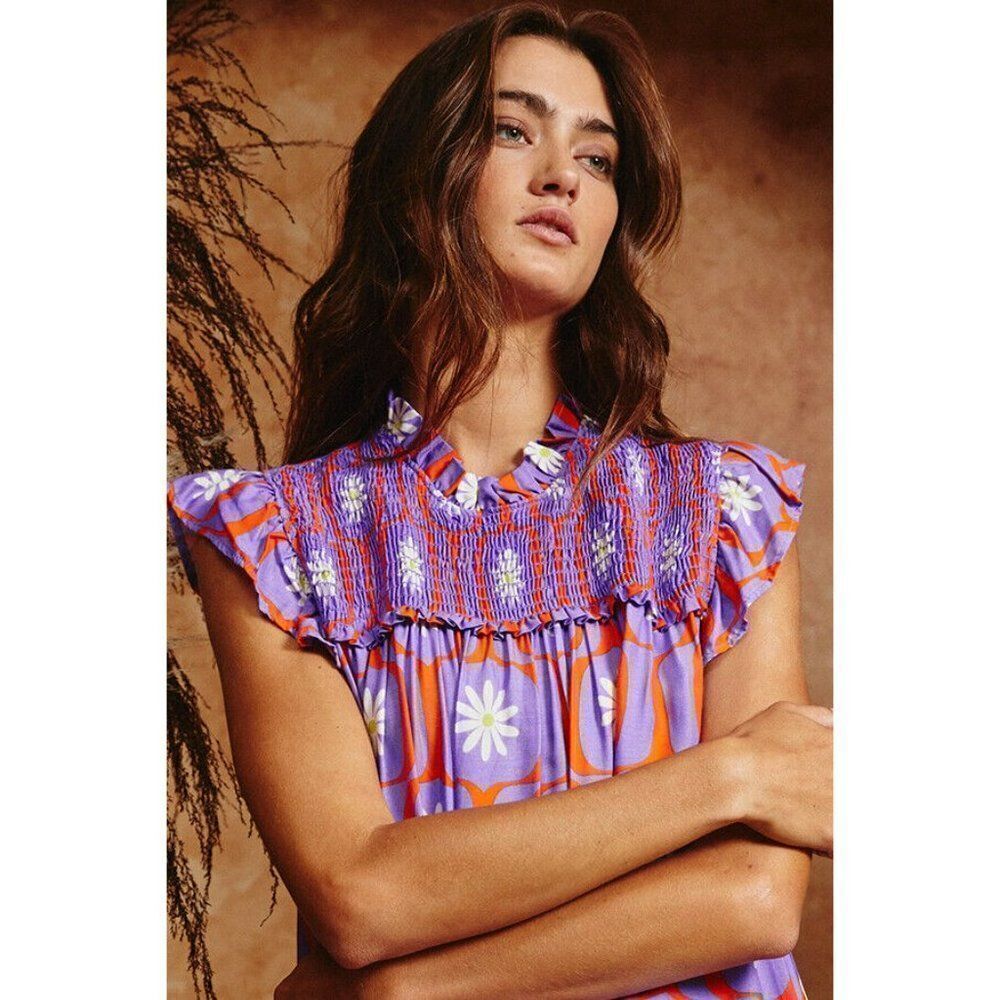 SALE! Bucketlist Retro Floral Geometric Print Top Smocked Detail S-L New T1421-1 - Picture 2 of 12